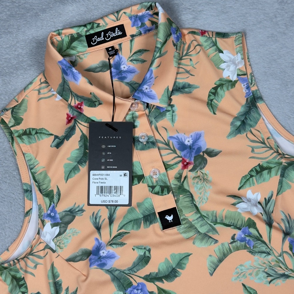 Bad Birdie Core Polo SL Women Medium Peach Flora Fiesta Tropical Golf Shirt NWT